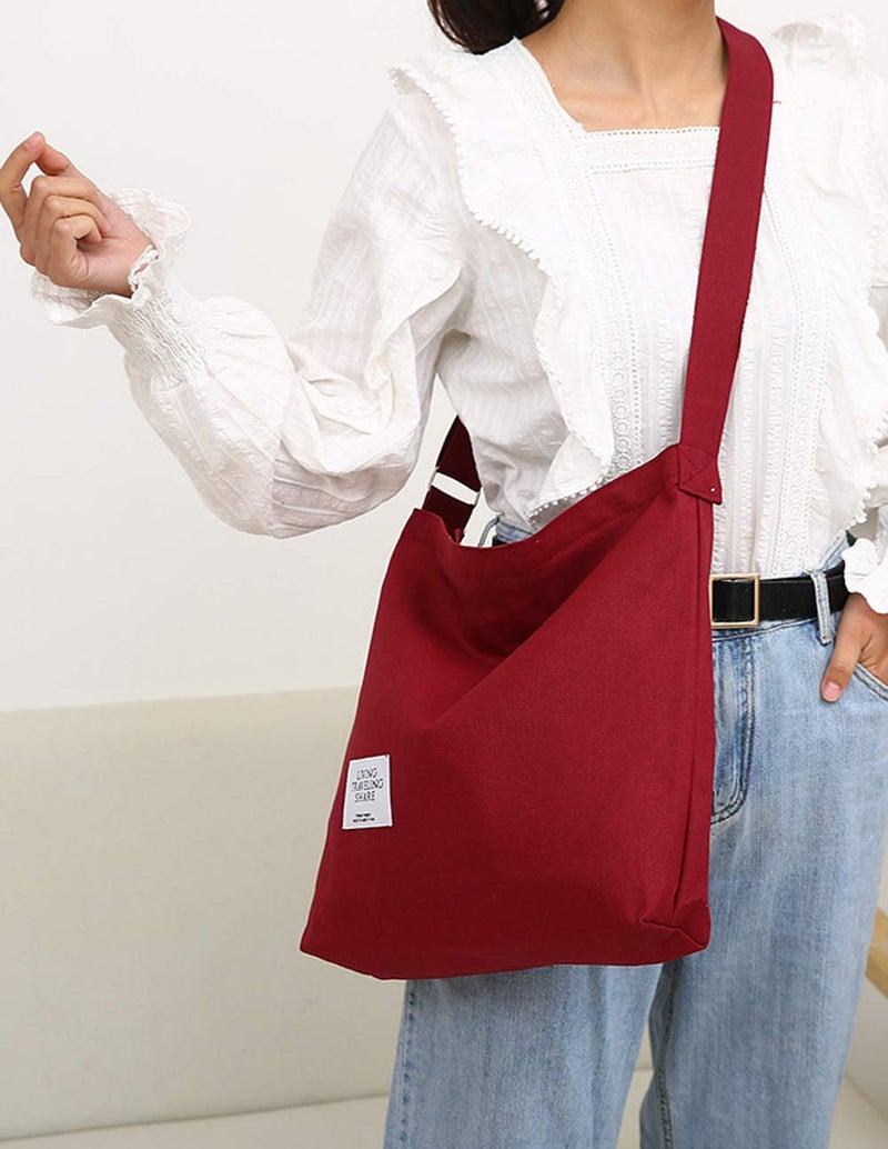 Covelin Women's Retro Large Size Canvas Shoulder Bag Hobo Crossbody Handbag Casual Tote Wine Red - Image 2